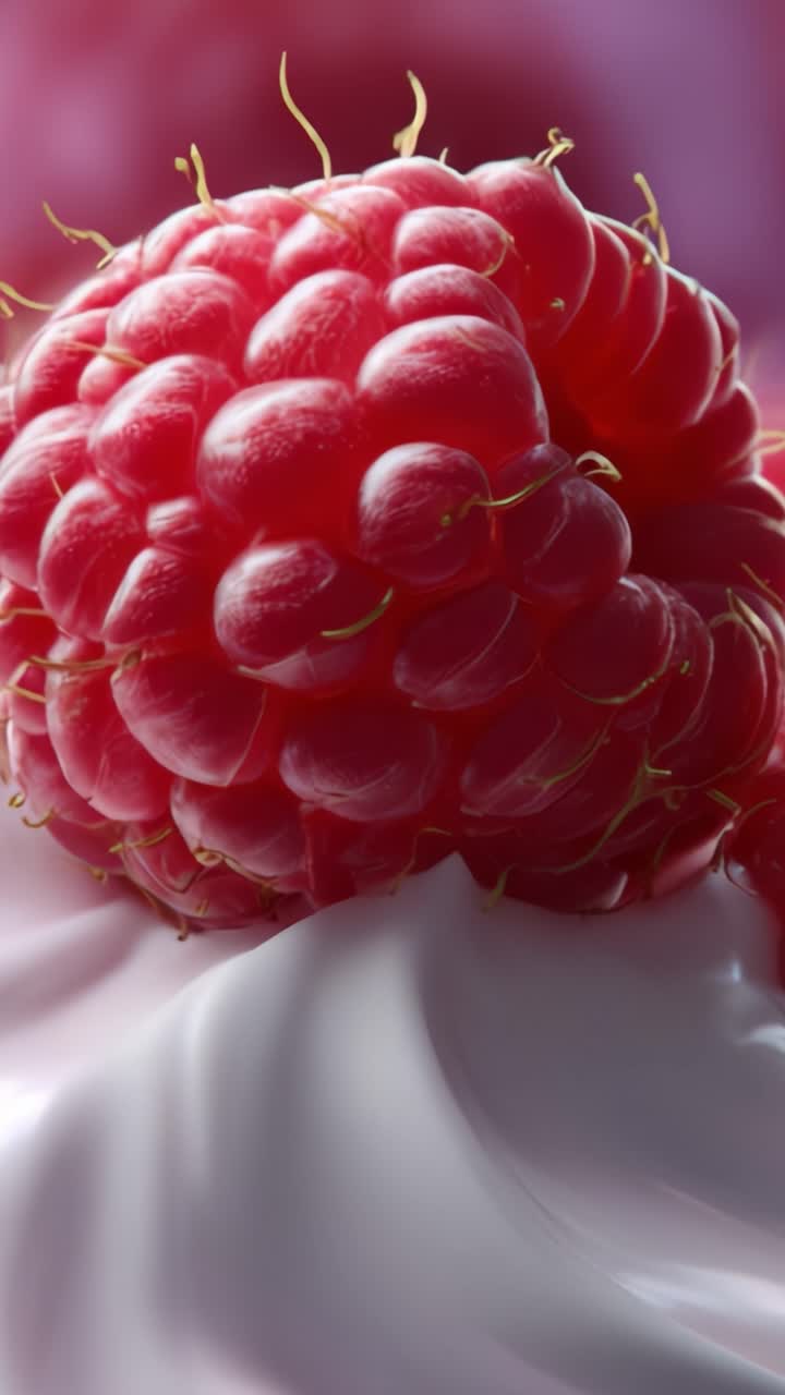 Close-Up of a Juicy Raspberry Surrounded by Smooth Creamy Texture, Highlighting the Luscious Details and Vibrant Color of a Freshly Picked Berry Delight
