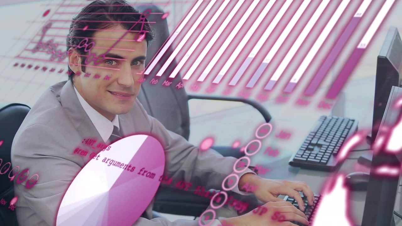 Animation of financial data processing over caucasian businessman using computer