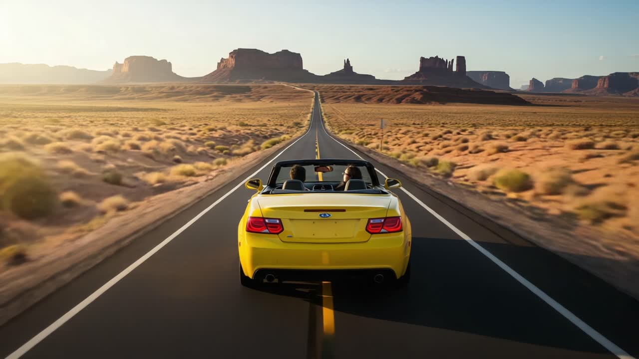 A Bright Yellow Car Driving Down an Endless Desert Highway Towards Majestic Rock Formations Under a Clear Blue Sky, Symbolizing Adventure and Freedom