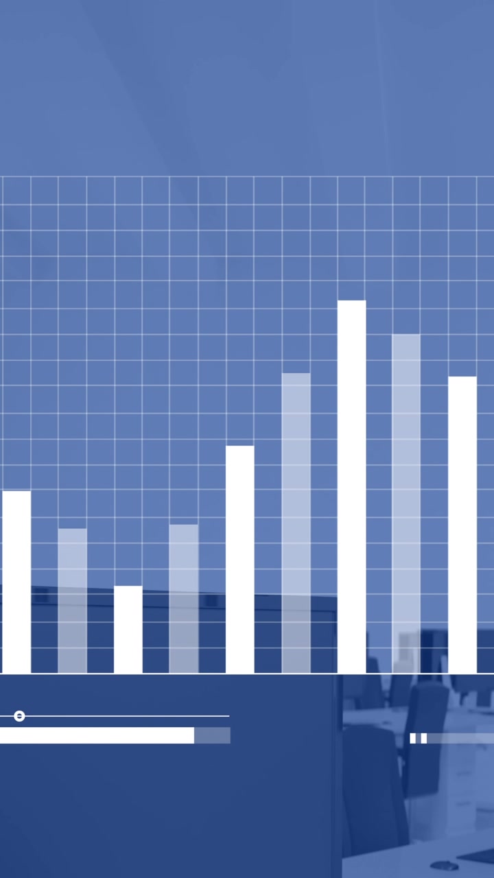 Animazione di elaborazione dati statistici su uno sfondo di ufficio vuoto