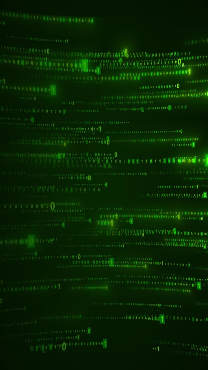 Futuristic green matrix code with floating binary numbers dark cyber depth and digital motion layers