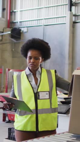 african american male and female workers holding boxes in warehouse