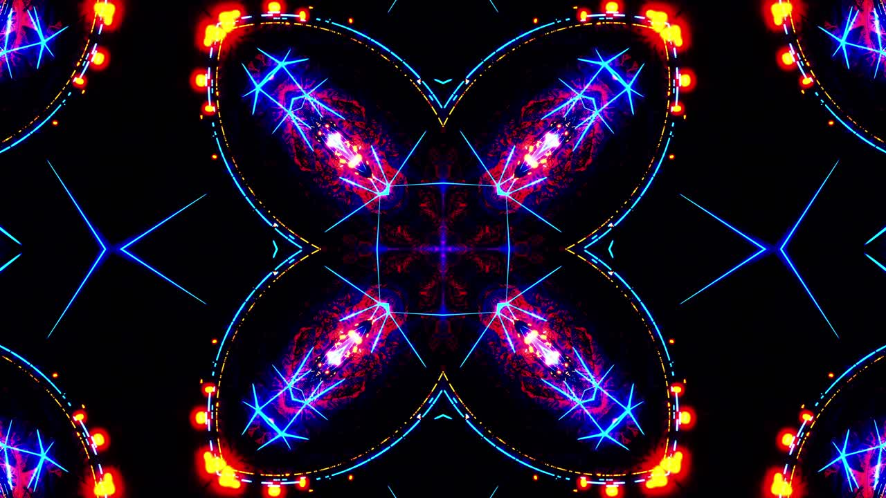 Flying through a neon tunnel with rings. Kaleidoscope VJ loop