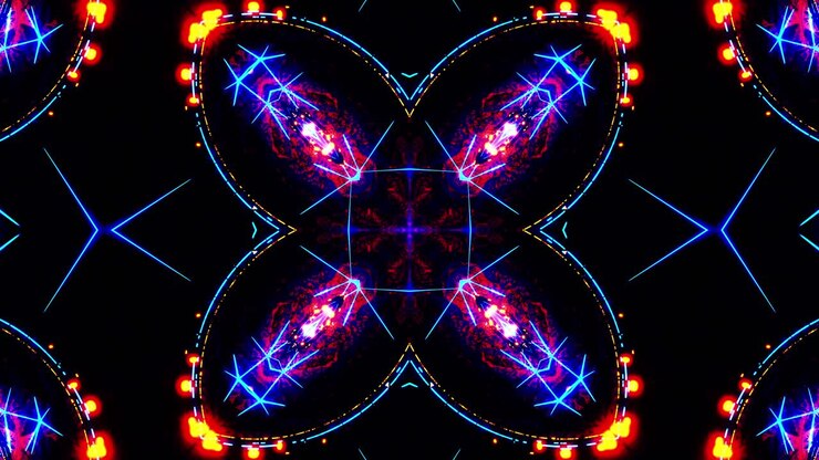 Flying through a neon tunnel with rings. Kaleidoscope VJ loop