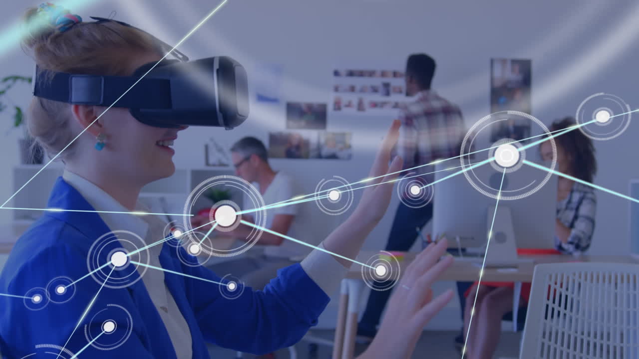 vr 헬 ⁇ 을 사용하는 여성에 대한 커 ⁇ 터 이동 및 디지털 데이터