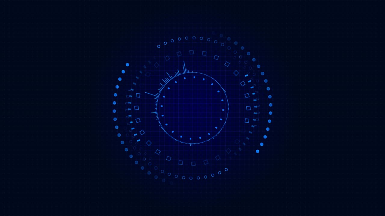 Rotating digital frame of circles squares lines forming futuristic hud on grid background visual