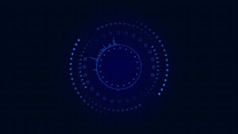 rotating digital frame of circles squares lines forming futuristic hud on grid background visual