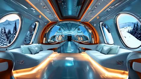 a view of the interior of a futuristic airplane with couches and tables