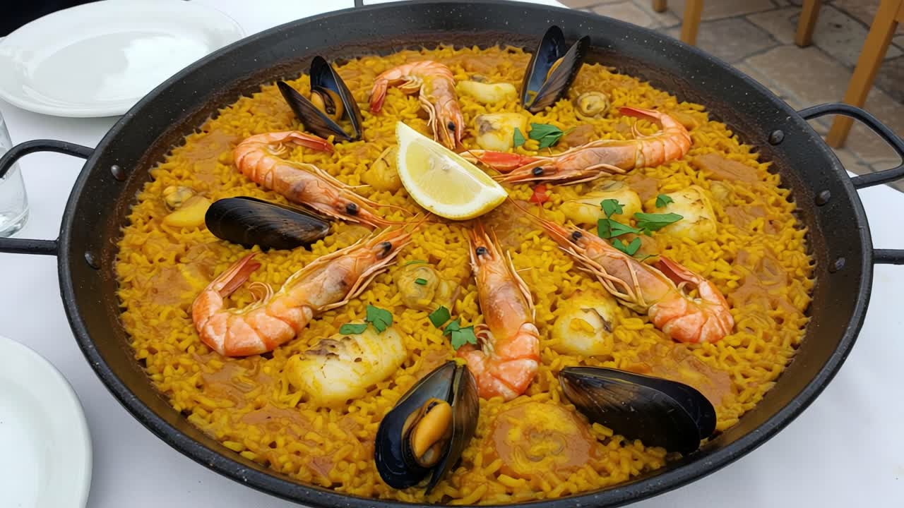 A Vibrant Seafood Paella with Shrimp and Mussels Garnished with Lemon and Fresh Parsley, Perfectly Cooked and Visually Appealing for an Inviting Dining Experience