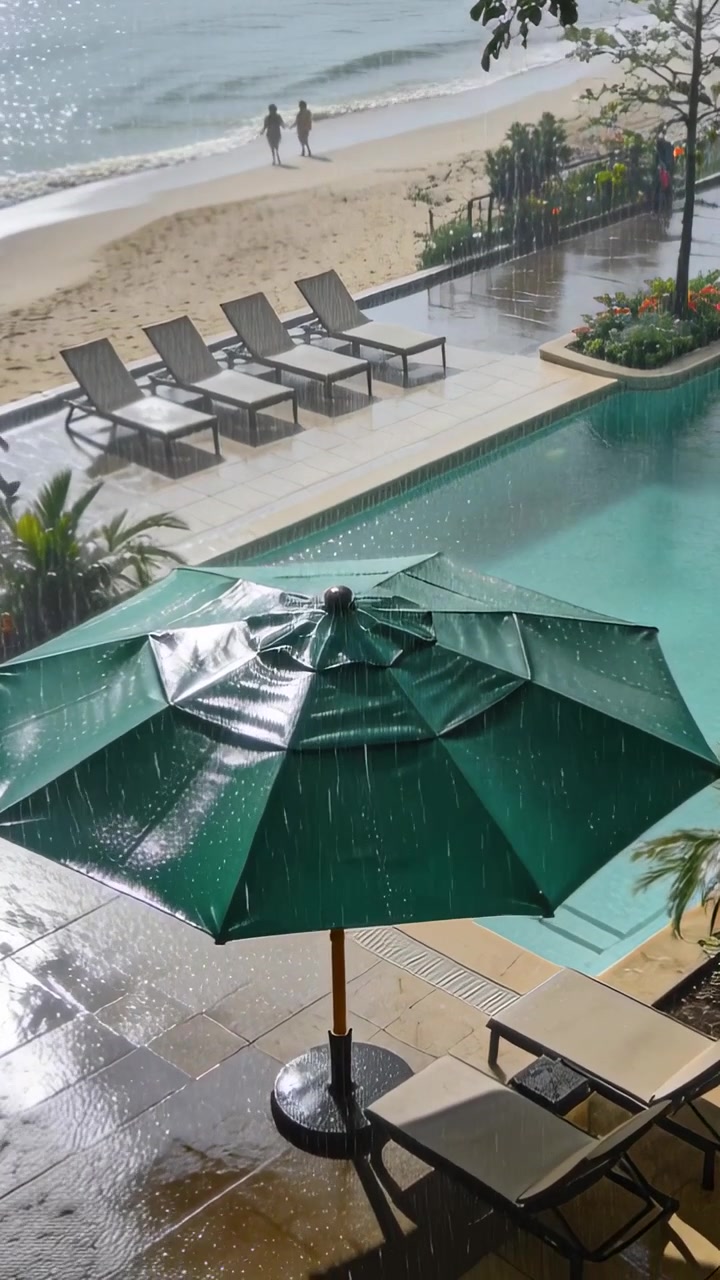 Vertical video: Rain falling, green umbrella dripping on pool deck, guests in light shorts walking