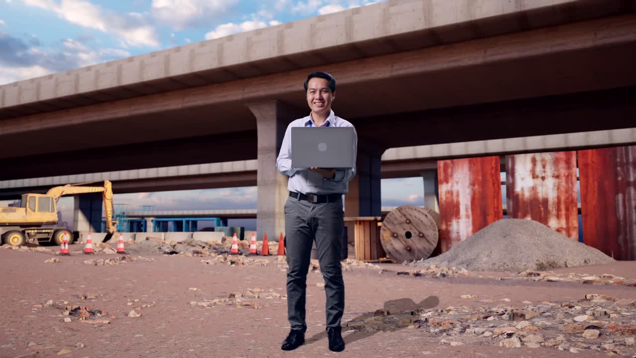Cuerpo completo de un trabajador profesional asiático de pie con su portátil en el lugar de la construcción de la autopista; está mirando a la cámara con una sonrisa