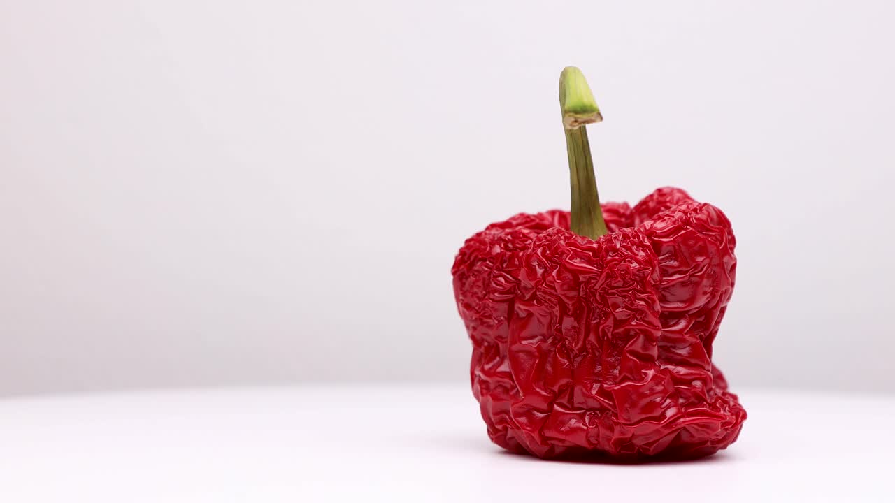 paprika seca de color rojo vibrante y arrugado con tallo verde giratorio que muestra detalles intrincados y textura de piel vieja marchita de vegetales demasiado maduros