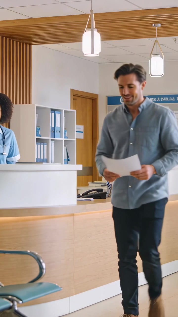 Video verticale: Paziente maschio entra e consegna i moduli alla reception per il check-in, mentre un'infermiera in divisa li smista.