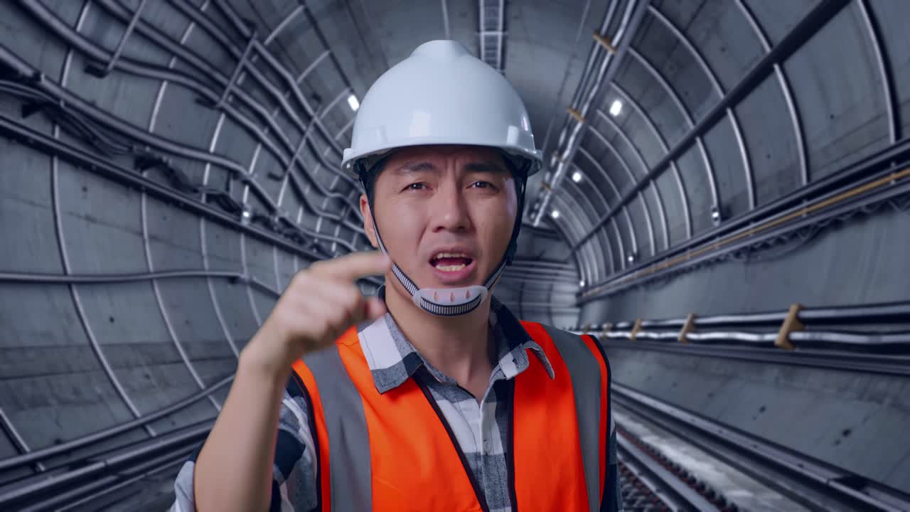 Close Up Of Angry Asian Male Engineer With Safety Helmet Shouting At Someone While Standing In Underground Subway Tunnel