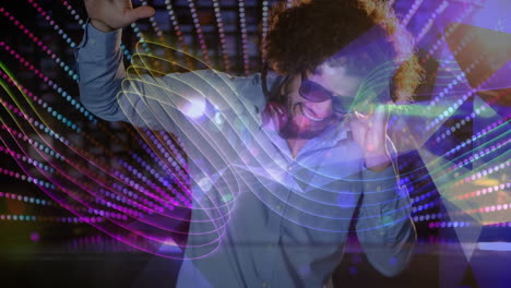 animación digital que muestra a un discotequista sonriente mezclando música en un pub 4k