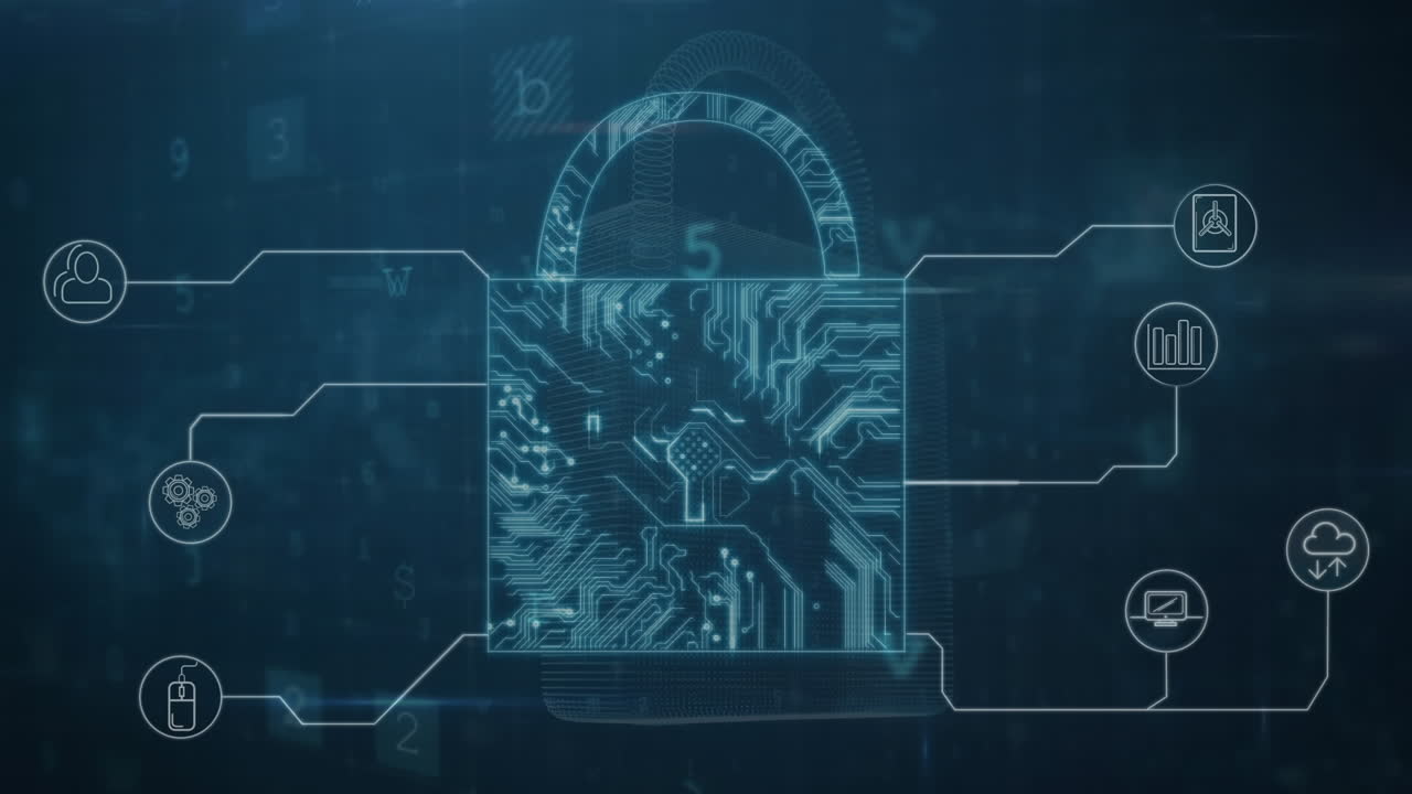 Animation of security padlock and data processing on dark background