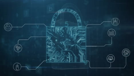 animación del candado de seguridad y procesamiento de datos en fondo oscuro