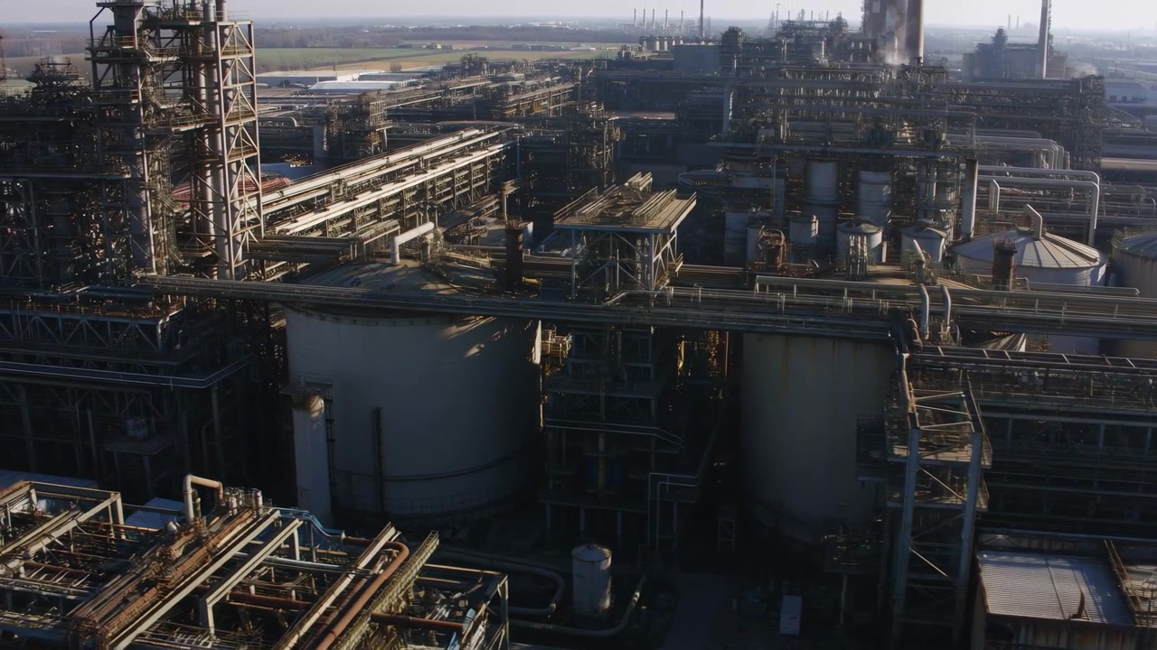 High aerial view of a sprawling refinery with pipelines, storage tanks, steel towers, and dense processing structures spread across the industrial site in