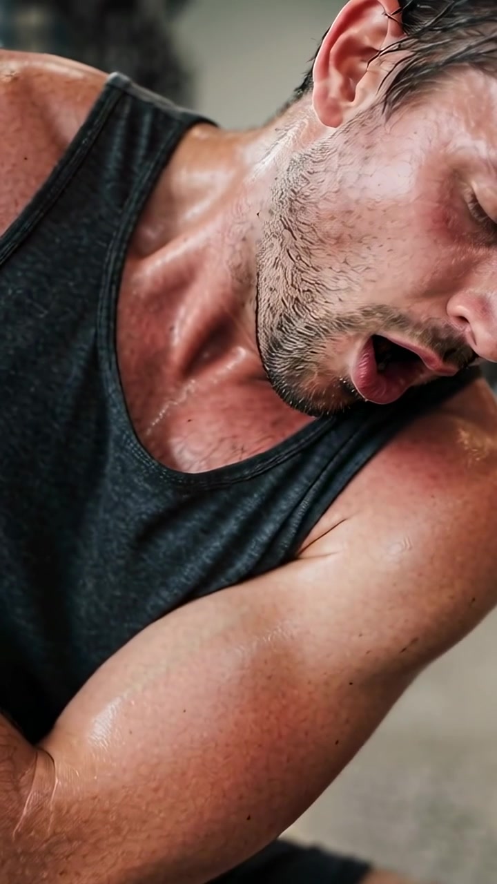 Vertical video: Holding left arm, athlete breathing after set in gym, wearing dark grey tank top