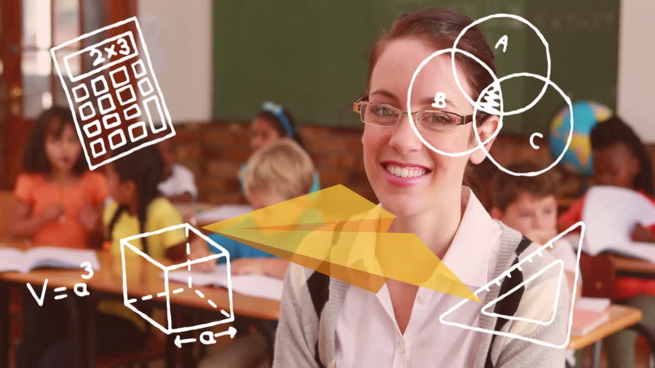 animación de iconos escolares sobre una maestra caucásica sonriendo con diversos escolares