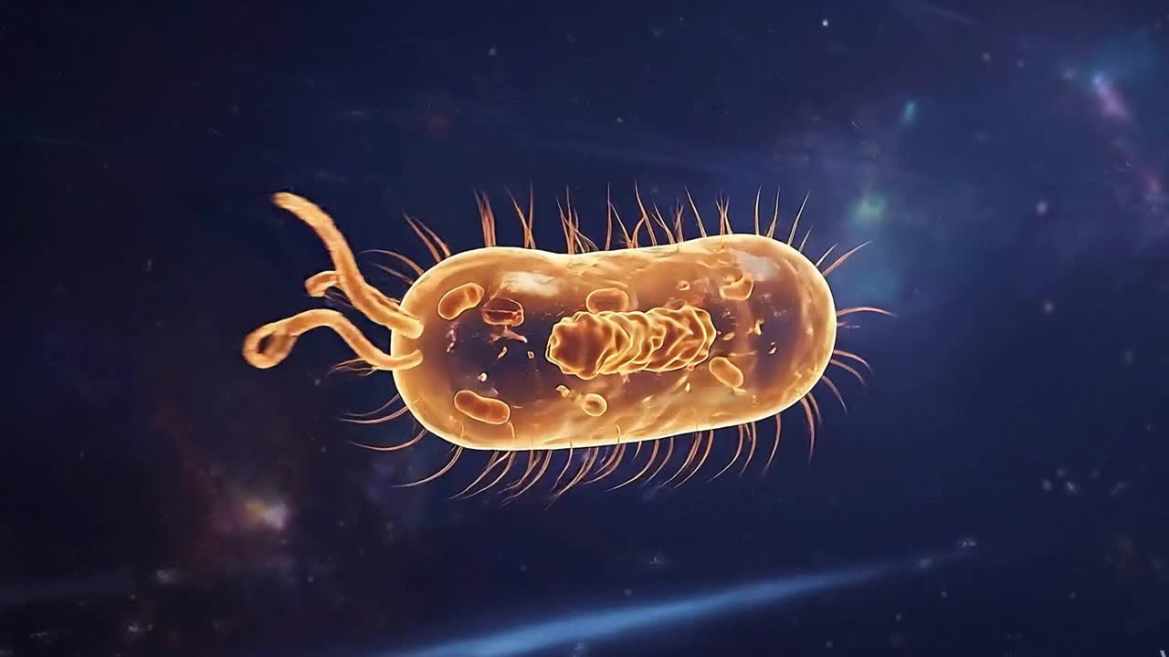 Singola cellula batterica in tonalità calda con componenti interni visibili, che illustra il concetto di microbiologia e infezione.