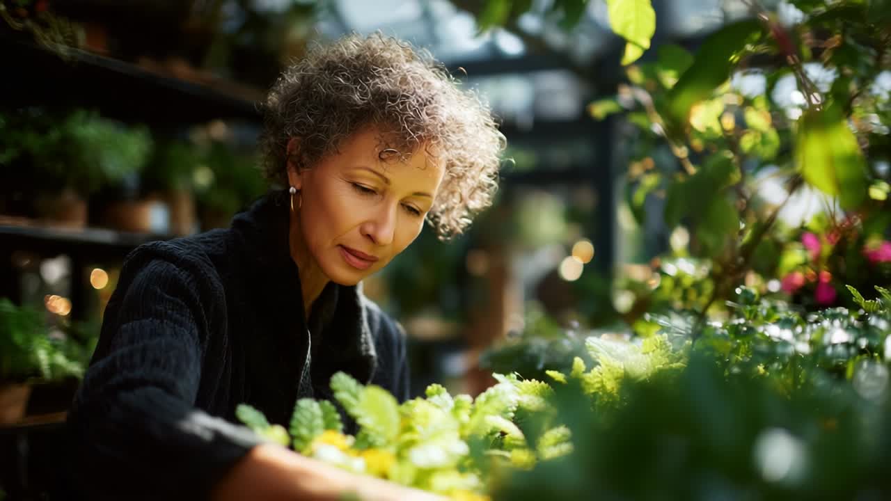 A passionate gardener tending to vibrant green plants in a well-lit greenhouse, showcasing her dedication and love for nature as she carefully examines each leaf and sprout for growth and health