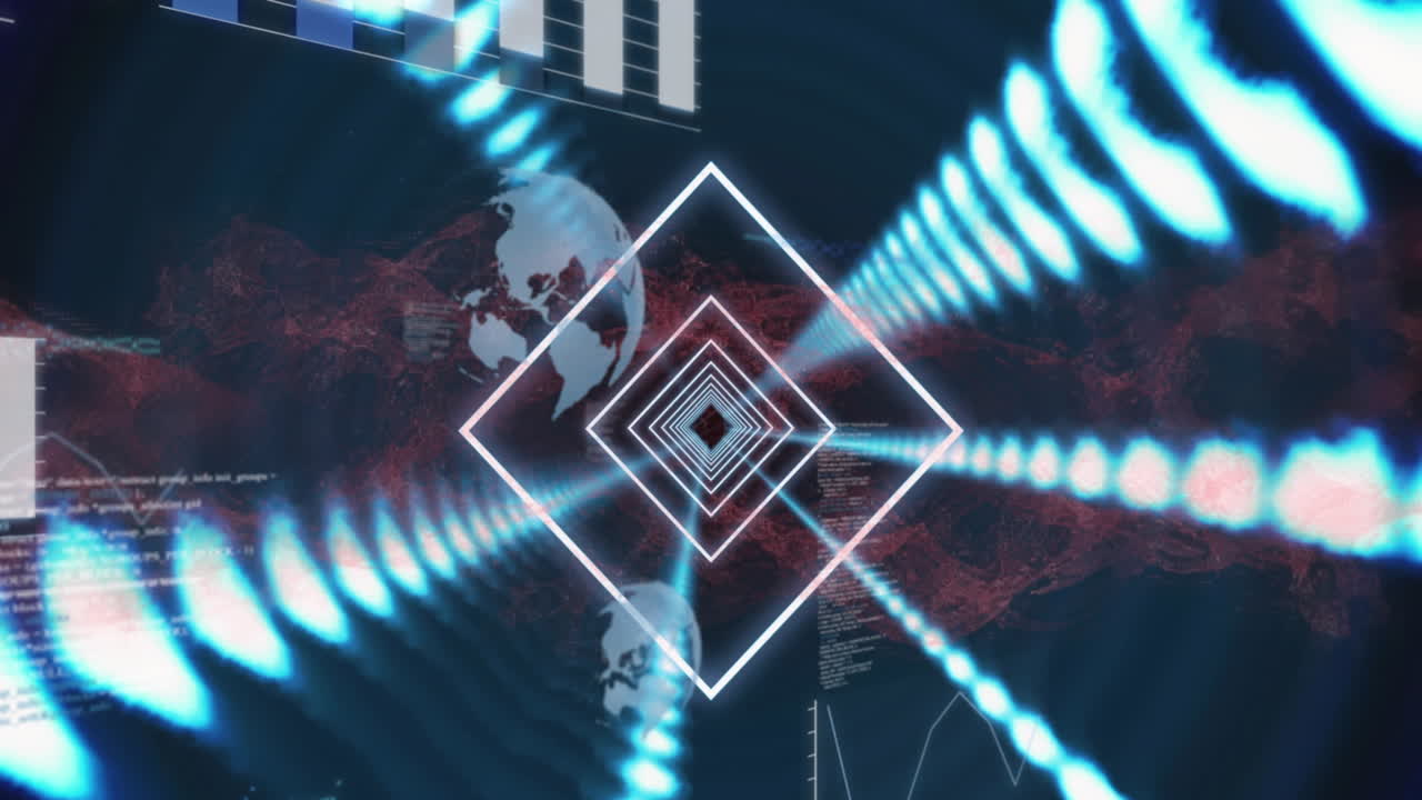 animación de cuadrados y círculos iluminados que se mueven sobre el globo, gráficos y lenguaje informático