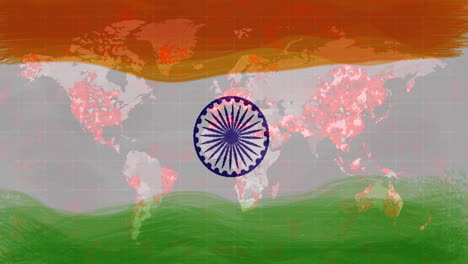 composition of covid 19 cells over indian flag and world map