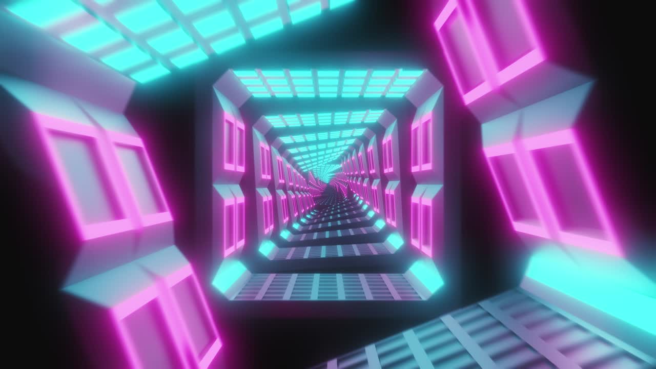 volando a través de cuadrados de neón giratorios brillantes creando un túnel, espectro azul rojo rosa violeta, luz ultravioleta fluorescente, iluminación moderna de colores, animación de bucle 4k