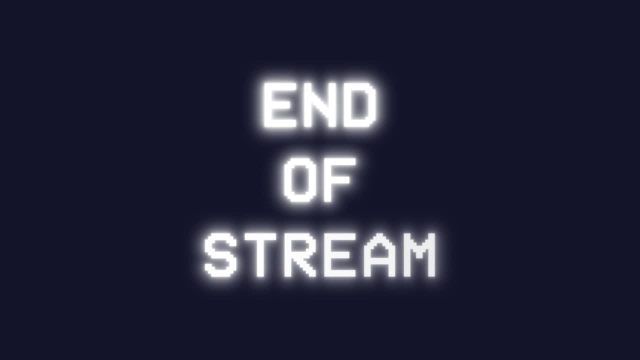 Glowing white text END OF STREAM against dark navy background. Professional livestream conclusion overlay. Clean typography with glow effect signals broadcast completion with modern aesthetic