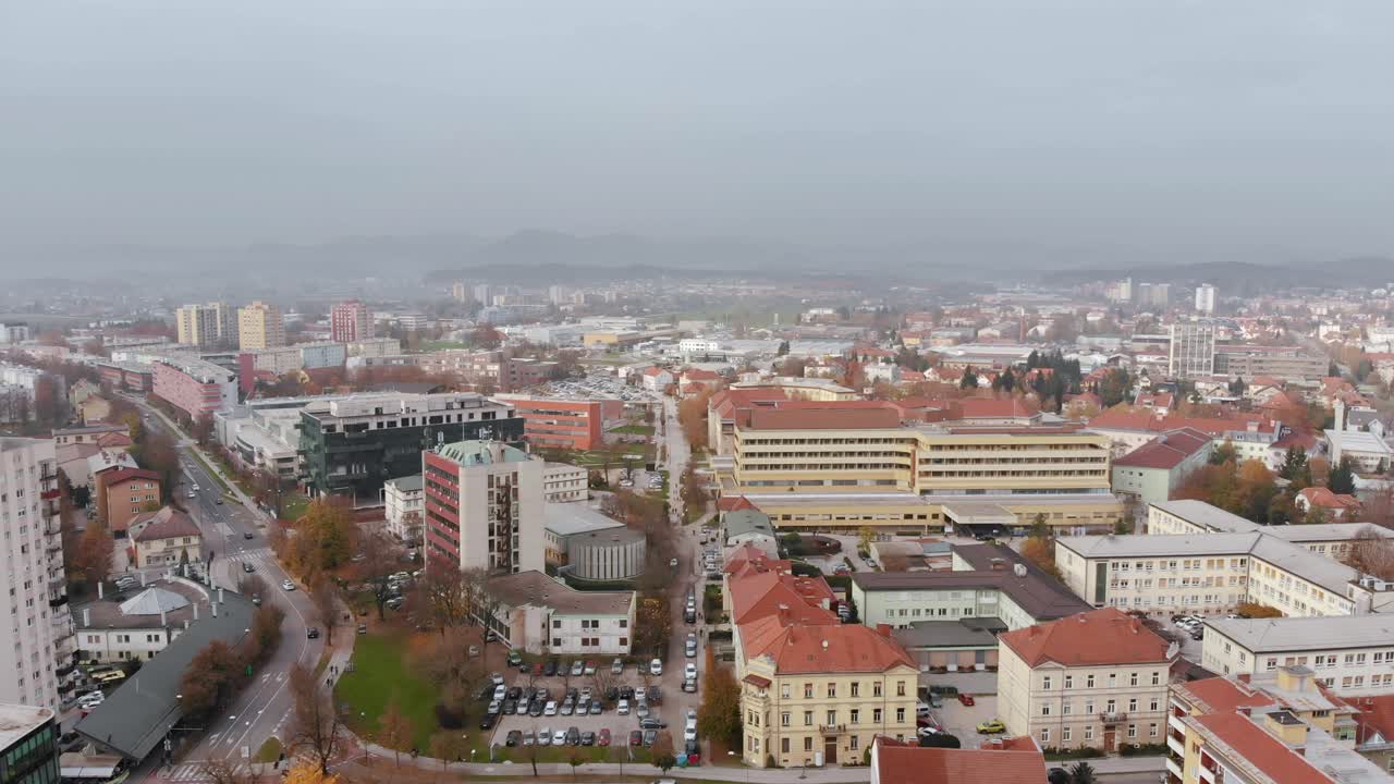 Aerial forward view of Celje, Slovenia