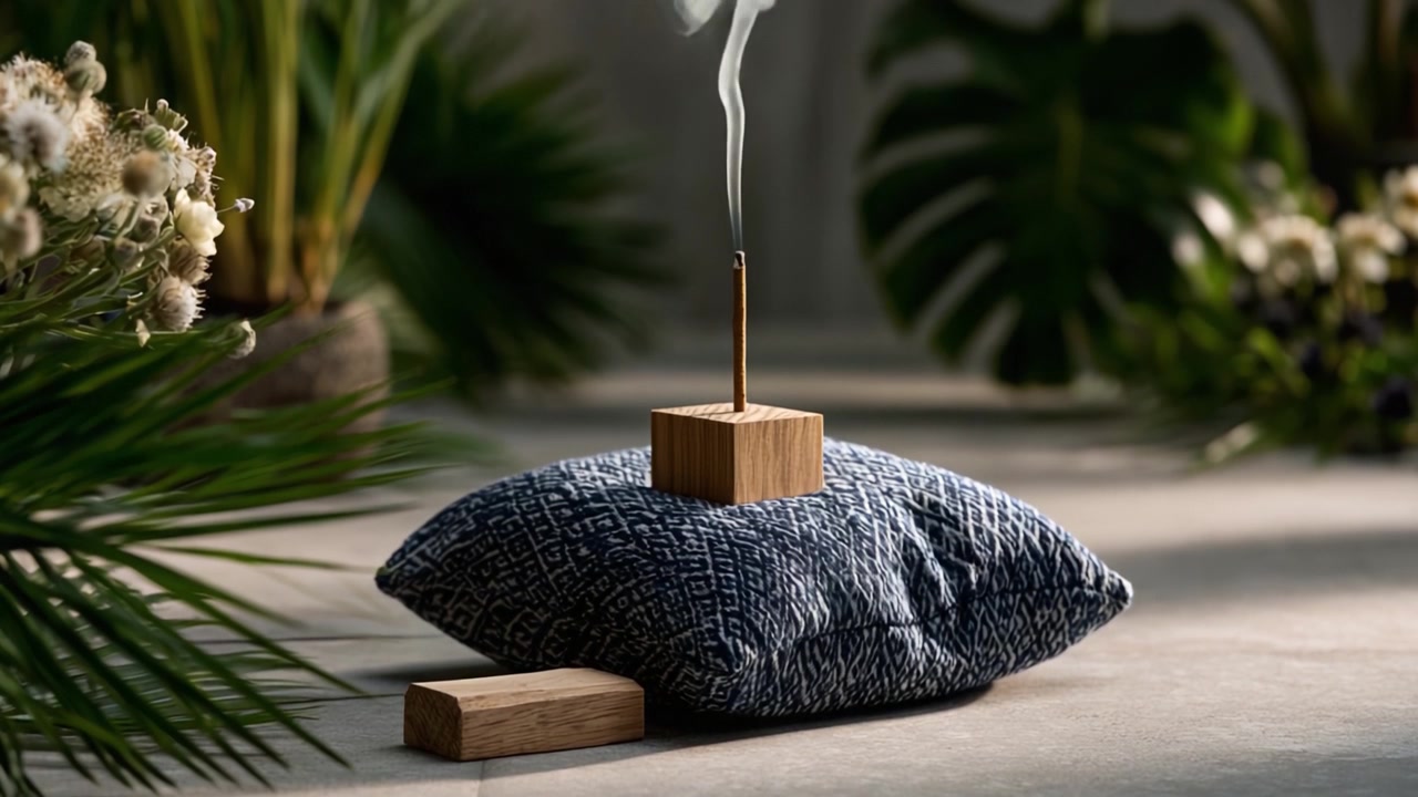 Une mise en scène paisible d'encens sur un coussin décoratif, entouré d'une végétation luxuriante, capturant l'essence de la sérénité et du calme