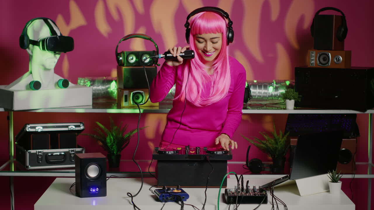 Woman with pink wig DJing in studio