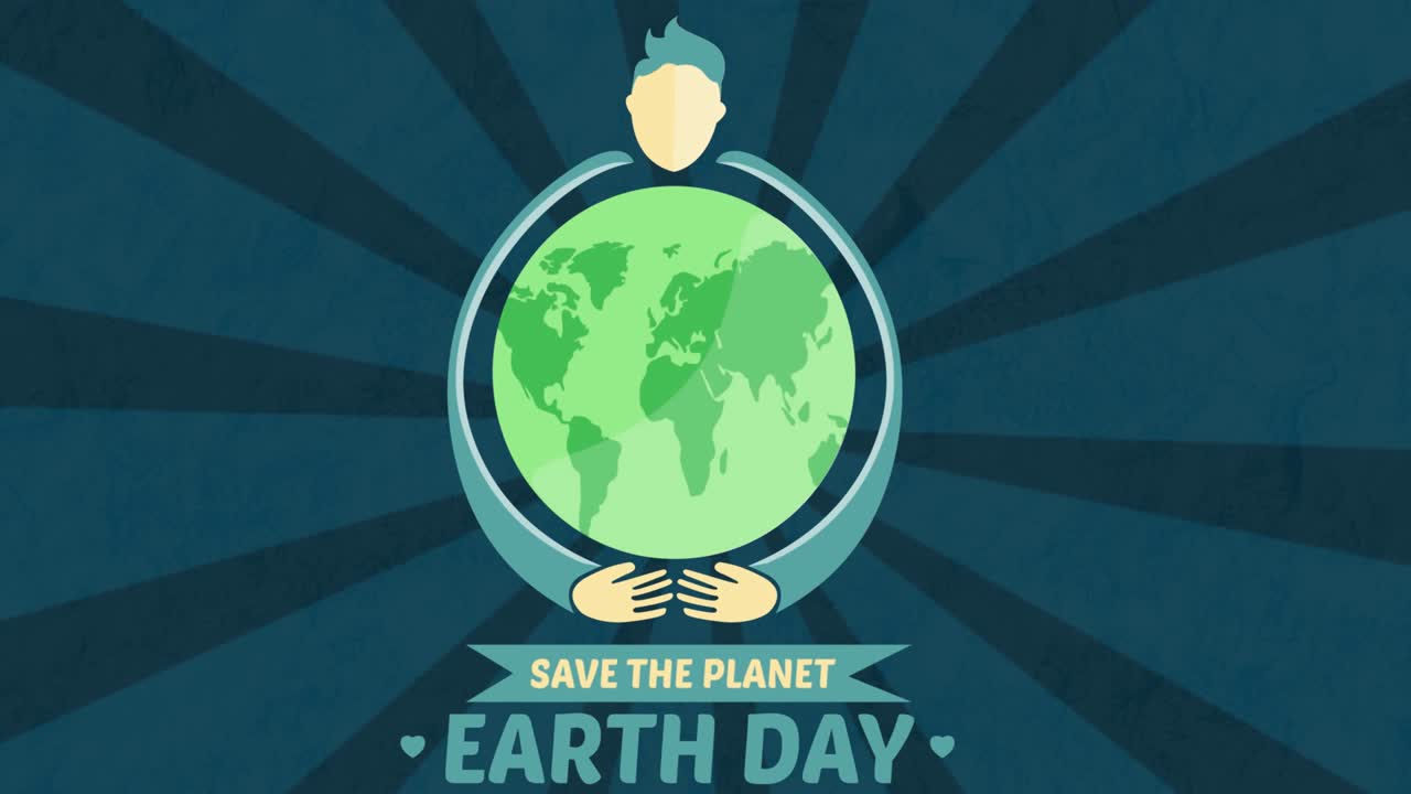 Animation von Händen, die eine Weltkugel umarmen, mit Earth Day-Schriftzug.