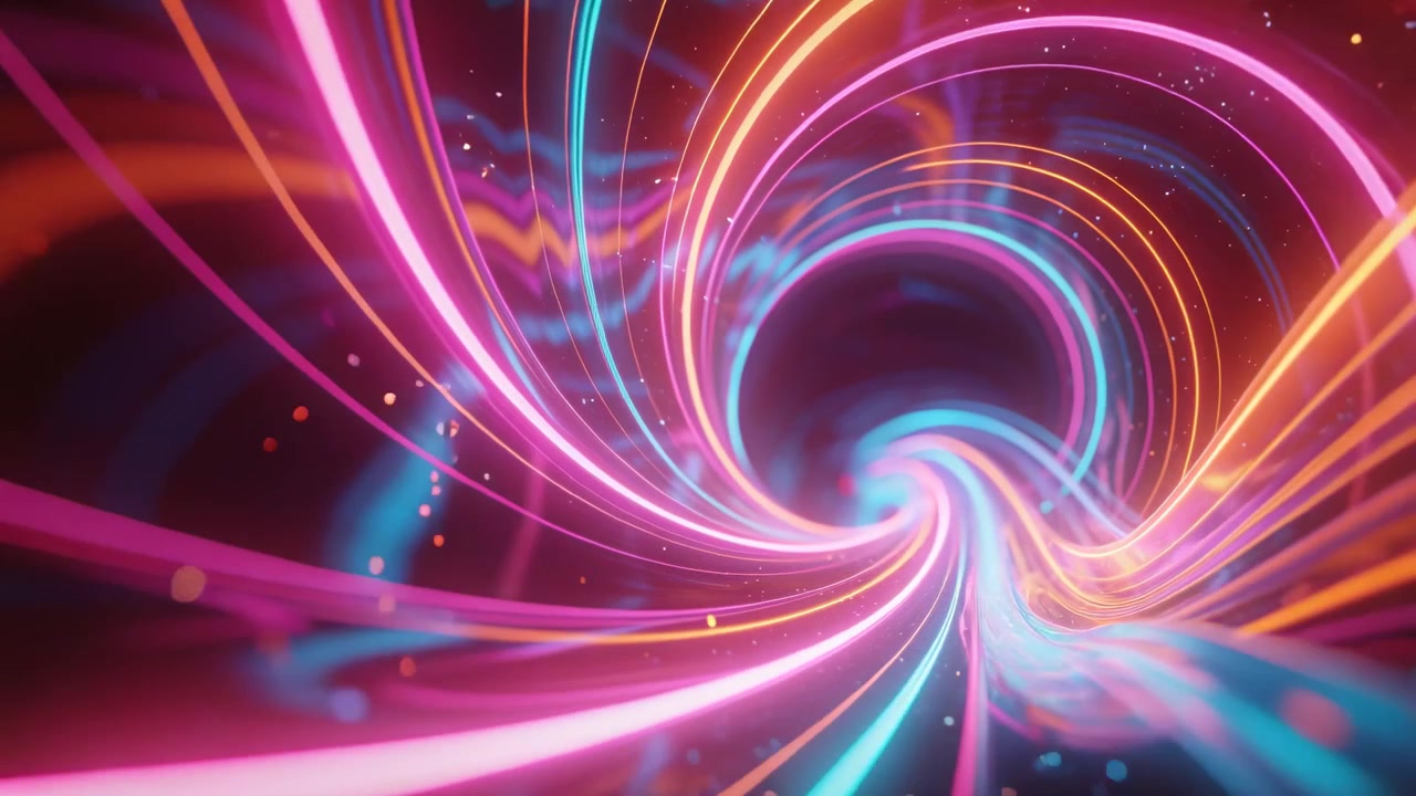 Telecamera che si muove in un tunnel al neon nel vuoto, trascinando nastri, scintille e anelli in un vortice oscuro.