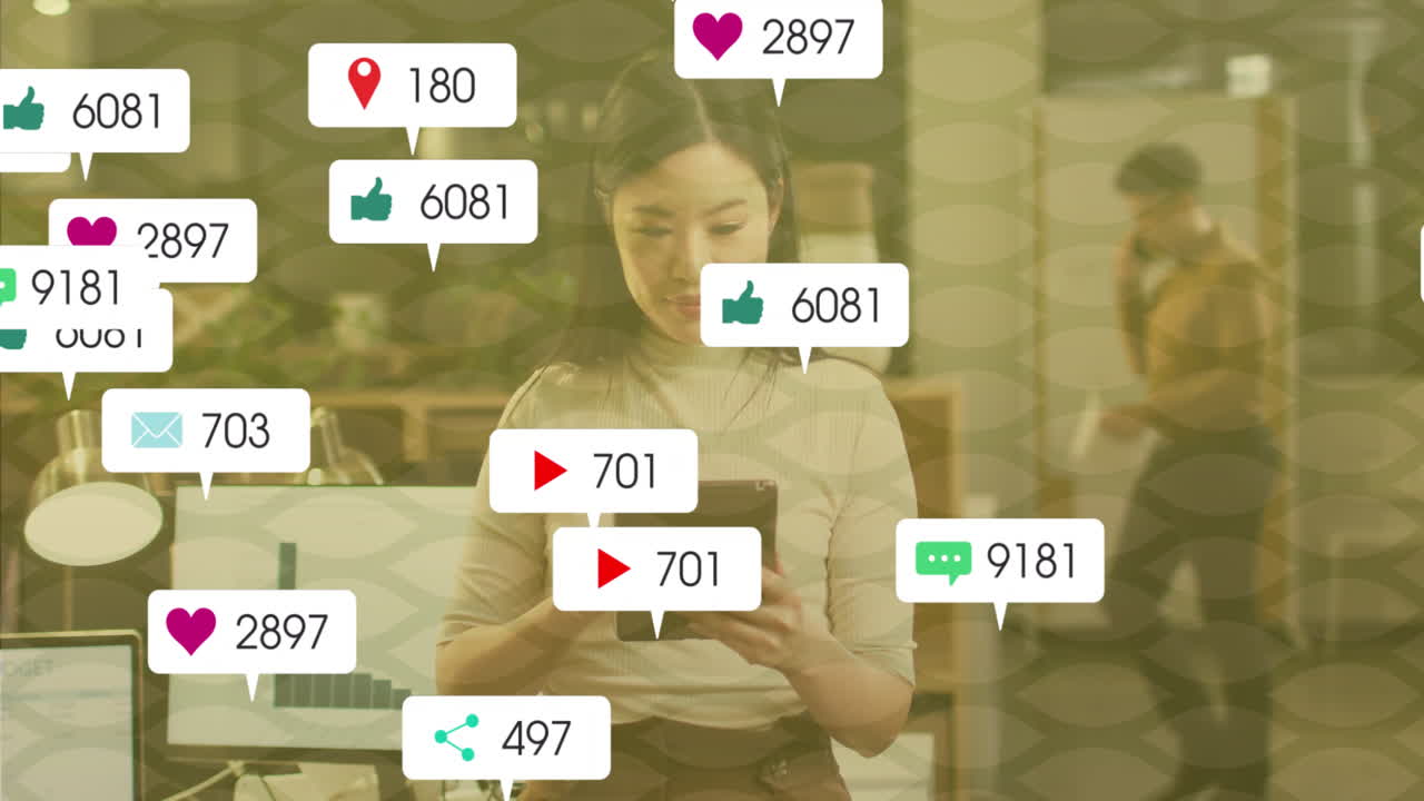 Using smartphone, woman in school with animation of social media notifications