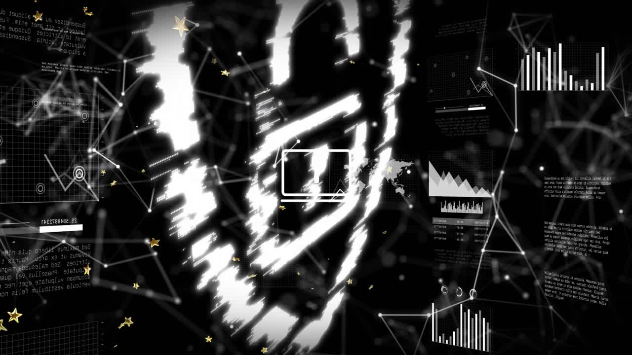 Cloud-laptop moving center, starting shield and lock forming, protecting data with HUD charts