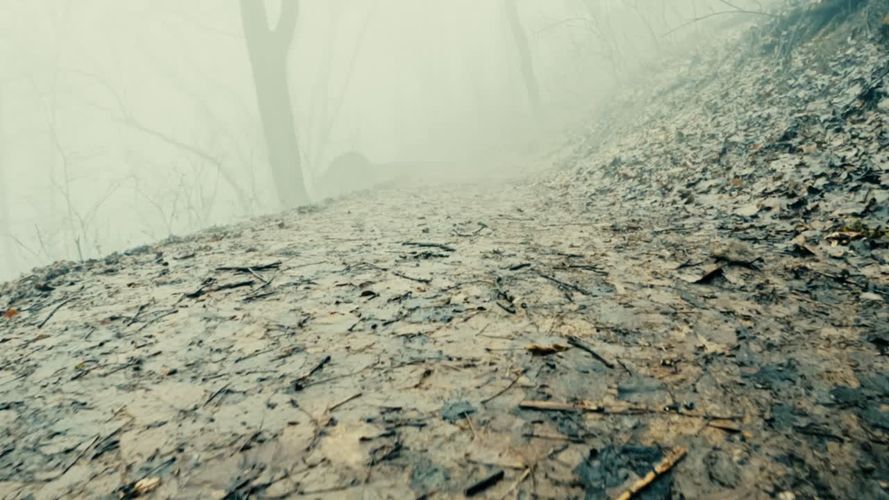 Eerie and spooky winter woods with dense fog. Dramatic POV shot of a lonely path through the misty forest, perfect for horror movie backgrounds or suspenseful scenes