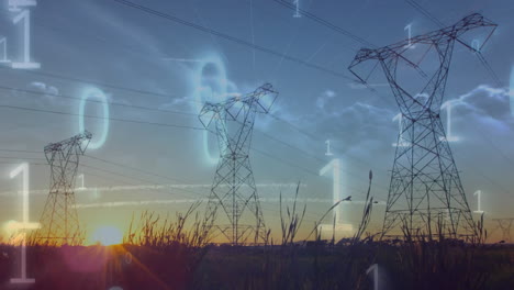 animation of data processing and binary coding over landscape with electricity pylons