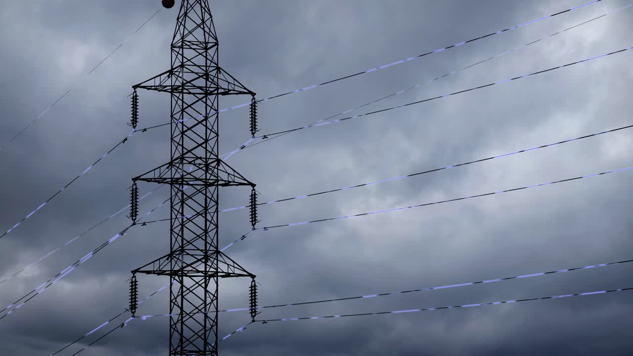 Electrical transmission tower with blue energy flow effects on power lines - electicity pylon visualization against stormy sky time lapse