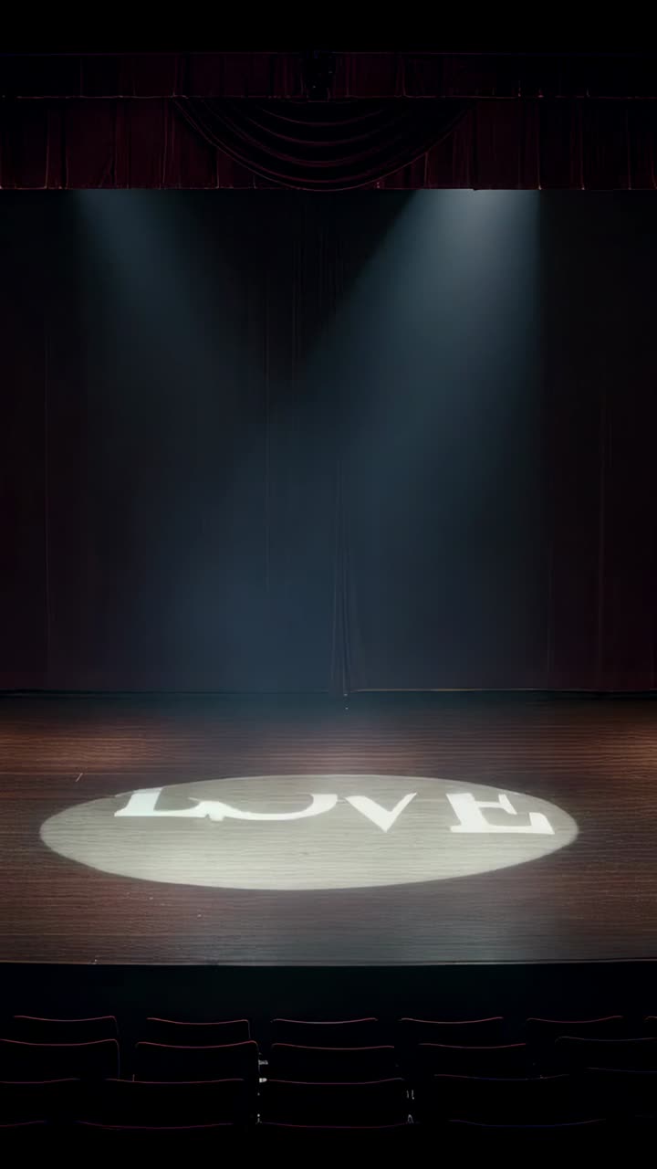 Vertical video: Fading spots projecting LOVE gobo onto stage floor with red curtains for opening