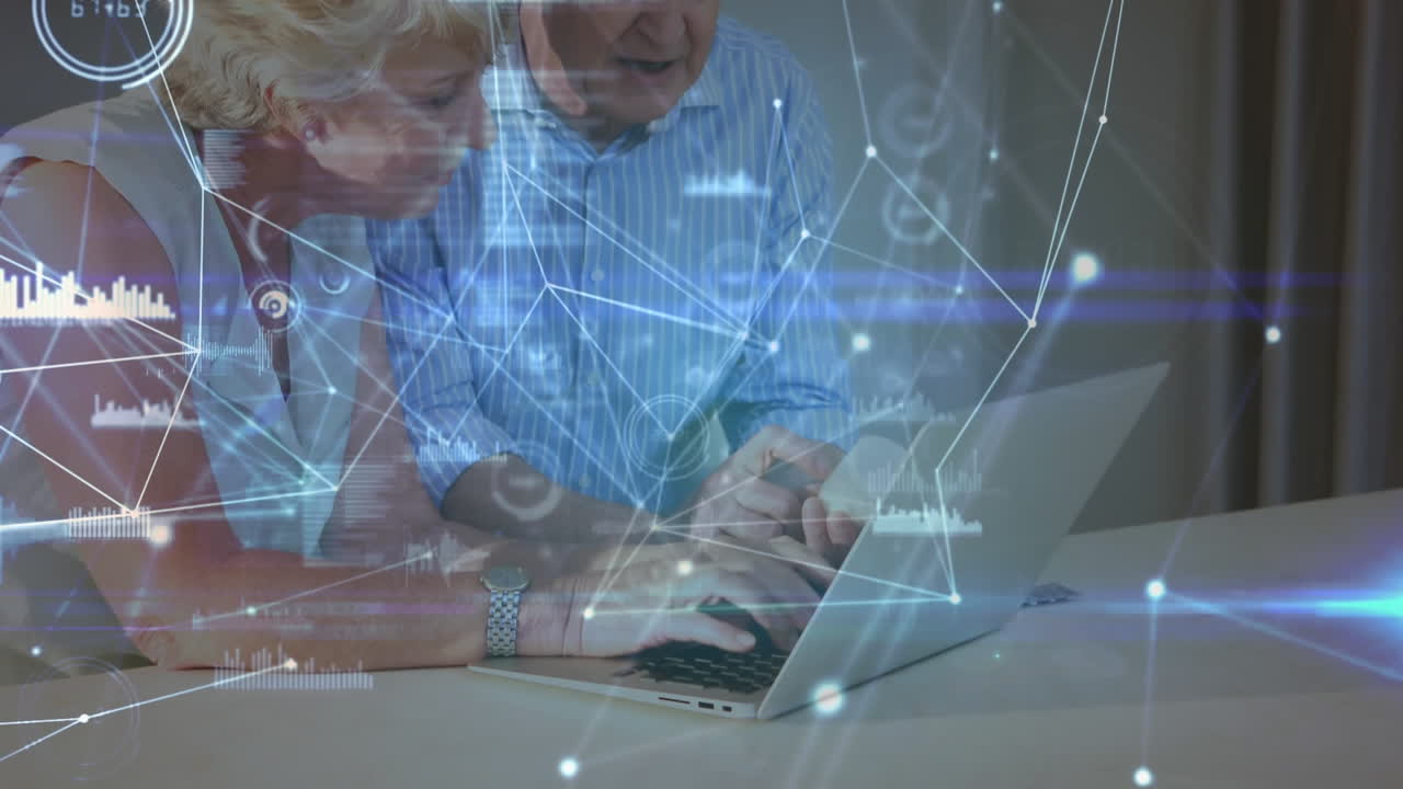 Animation of networks of connections over senior couple using laptop