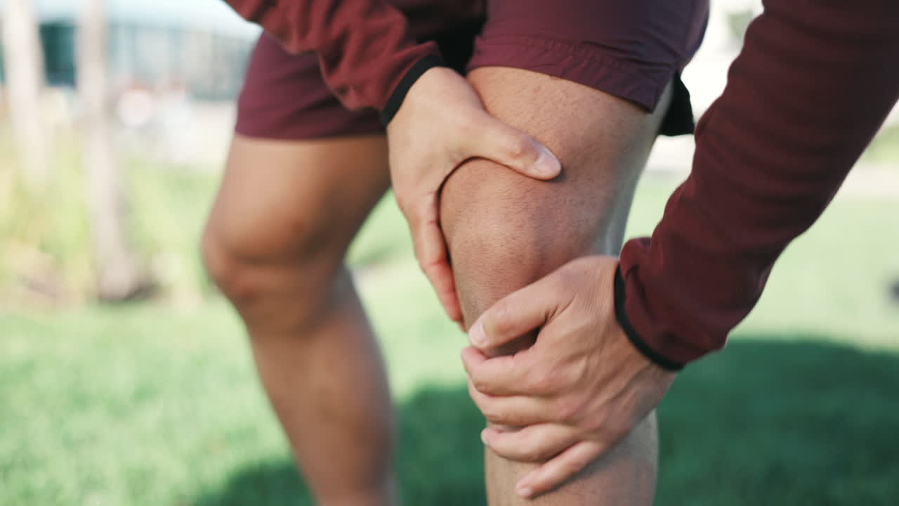 Runner, knee pain and fitness outdoor with injury