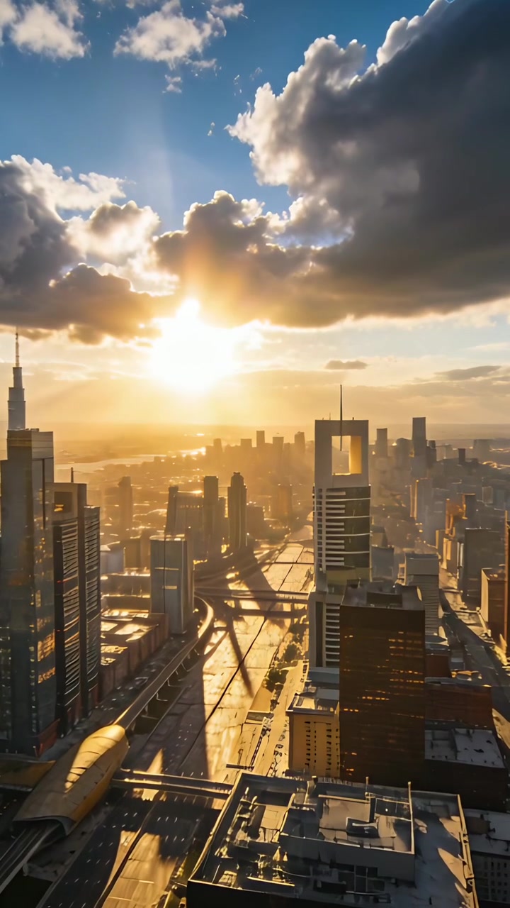 Vídeo vertical: Nuvens em movimento revelando o sol, horizonte do centro da cidade brilhando sobre trilhos e estrada elevados