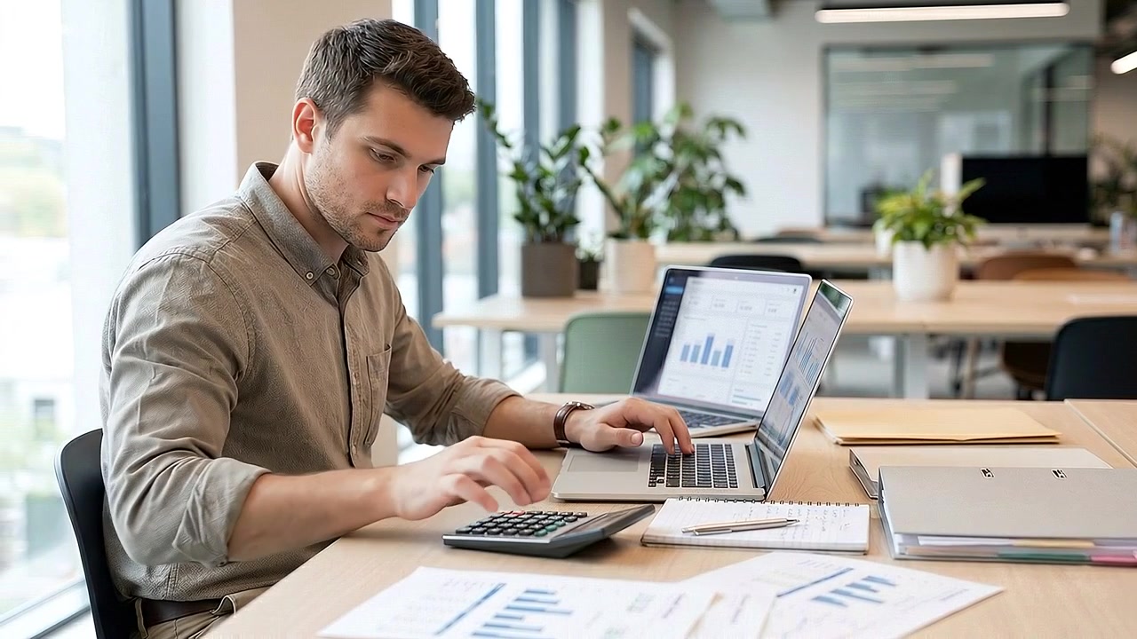 Profesional revisando gráficos digitales en un portátil en un escritorio de oficina moderno en el trabajo.