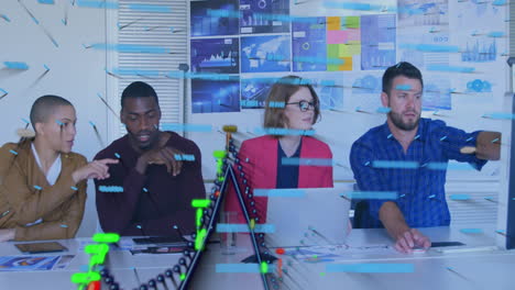 animation of financial data processing over diverse business people in office