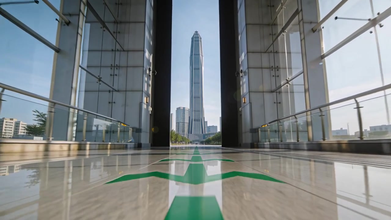 Telecamera in movimento che avanza attraverso un corridoio di vetro, rivelando un chevron verde che guida lo sguardo verso la torre