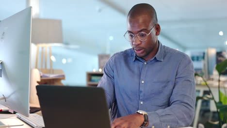 stress, neck and black man in pain on laptop