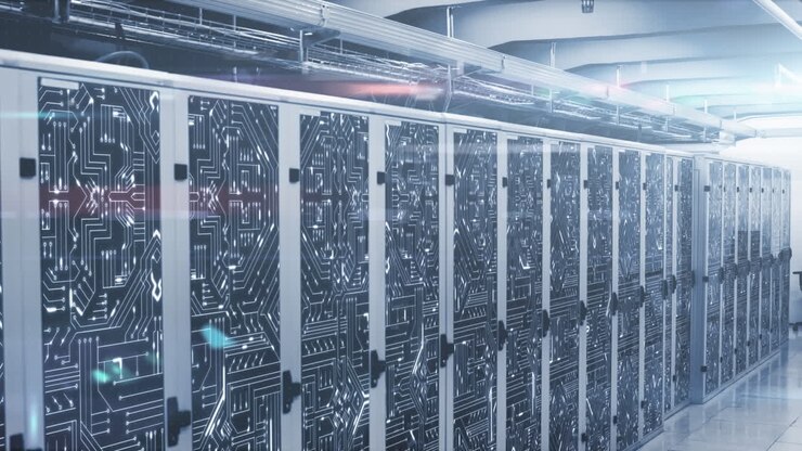 Animation of shapes and computer circuit board over server room