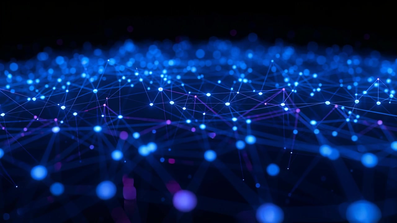 Pulsing network responding to camera nudge on digital plane, revealing blue nodes and thin lines